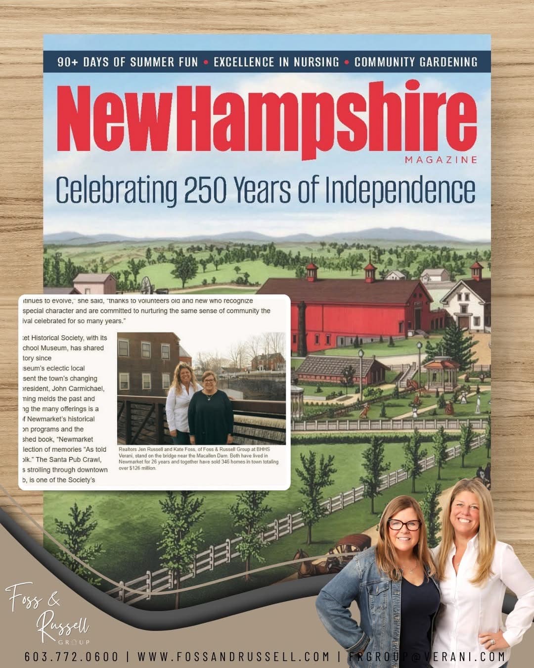 The New Hampshire Magazine cover with the Newmarket clipping of Jen Russell and Kate Foss on the bridge near the Macallen Dam